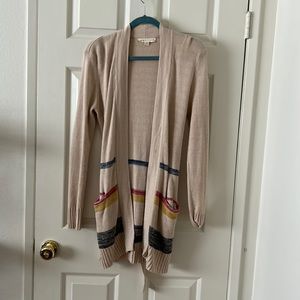 Lovestitch Long Cardigan Sweater Tan with Colored Striped Size M